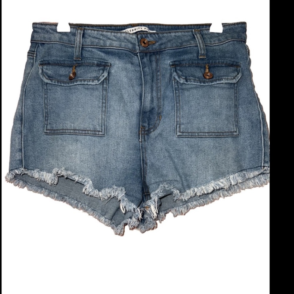 Celebrity Pink Denim Shorts cut off fringe distressed